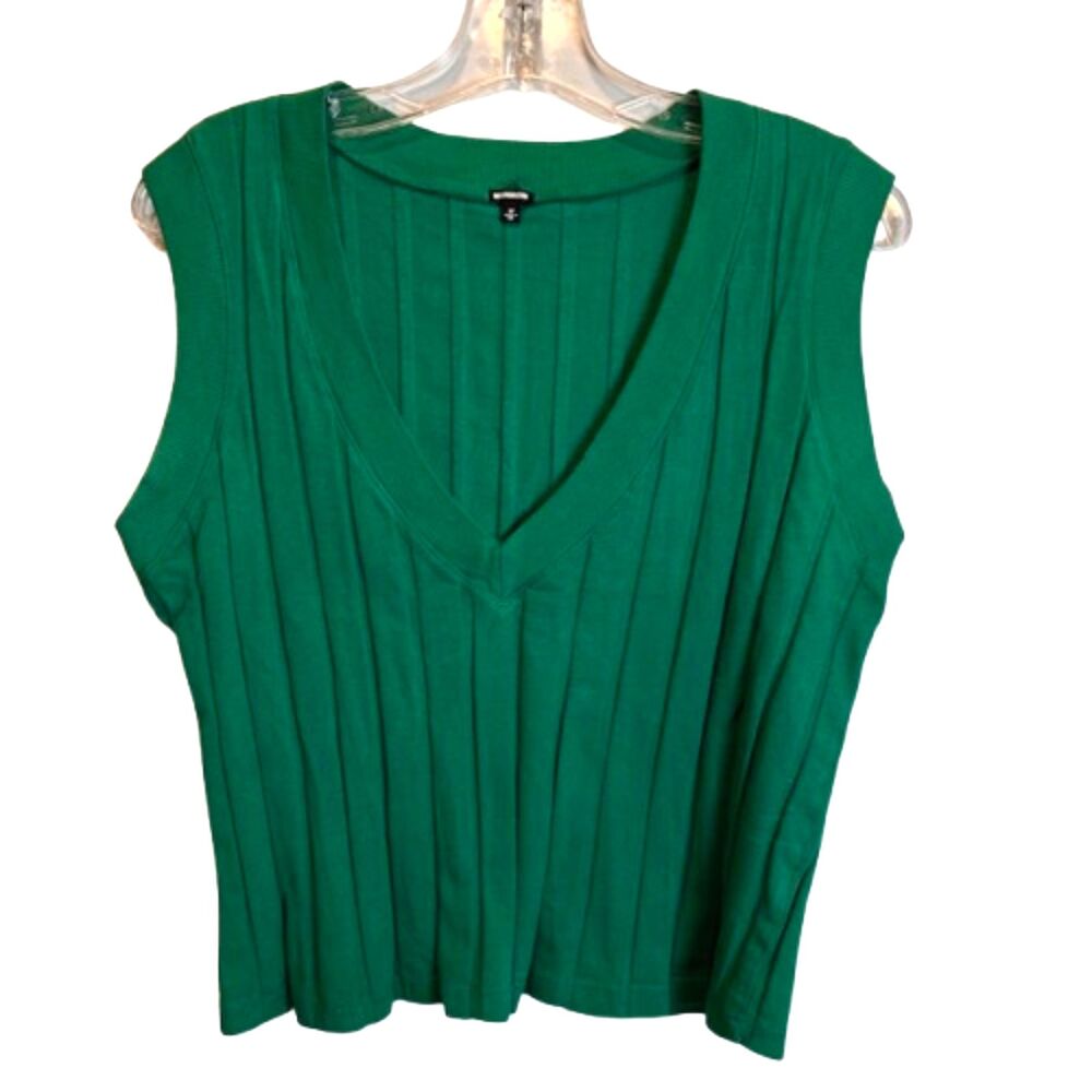 MONROW Green Ribbed V-Neck Tank Top Sleeveless Cotton Blend Size Medium